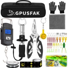 GPUSFAK Fishing Tool Kit, 9 Pieces Fishing Gears, Pliers Ice Fly Hook Knotter Lip Gripper Ruler Anti-Slip Gloves Lures Baits Accessories