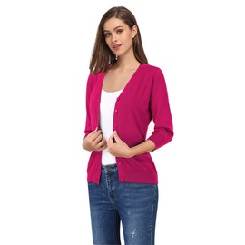 Leadingstar Women V-Neck 3/4 Sleeve Solid Color Sweater Cardigan (Hot Pink, XL)