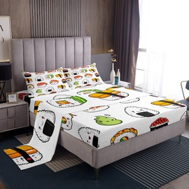 Kids Bed Sheets Queen Size Cute Sushi Print Bed Sheet Set For Girls Boys Children Bedroom Kawaii Decor Cartoon Japanese Style Bedding Set Teens Sheets Set with Fitted Sheet, Flat Sheet,2 Pillow Case