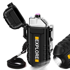 LcFun Waterproof Electric Dual Arc Lighter USB Type C Rechargeable Windproof Flameless Plasma Lighters with Flashlight for Camping, Hiking, Outdoor Survival, Tactical Gear Gifts for Men