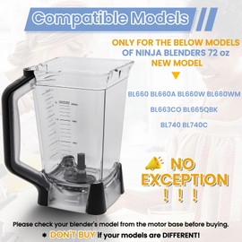 WARDFYT 72 oz XL Pitcher Replacement Compatible with Ninja BL660 BL740 Blenders Professional New Model, 72oz Crushing Pitcher Replacement for Ninja BL660A BL660W BL660WM BL663CO BL665QBK BL740C