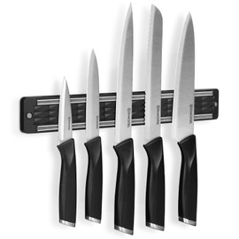 Diamosteel 6PCS Kitchen Knife Set with Magnetic Knife Holder for Wall, Ultra Sharp Knives Set for Kitchen with Knife Magnetic Strip, Stainless Steel Chef Knife Set for Cutting Meat Vegetable (Black)