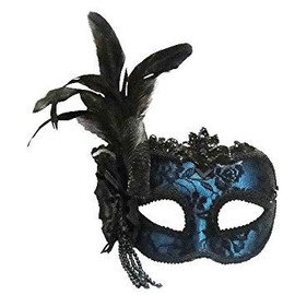 Blue Side Feather Masquerade Masked Ball Venetian Eye Mask
