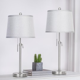 JUNNAI Table Lamps Set of 2, Bedside Lamp Silver Tall Table Lamps for Living Room End Tables, 22" to 30" Adjustable Height Lamp for Bedroom Nightstand Farmhouse with Pull Chain(Bulbs Included)