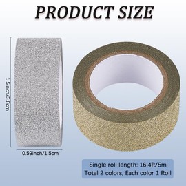CRASPIRE 2 Rolls Silver Gold Glitter Tape 5m Foil Glitter Masking Tape Crafting Tape Sparkle Decorative Sticker Roll Tape for Festival Decoration Scrapbooking Planner Gift Wrapping