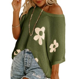 Dokotoo Womens Summer Crew Neck Short Sleeve 2025 Floral Pullover Sweater Casual Crochet Hollow Out Knit Tops Beach Cover-up,Vineyard Green Medium