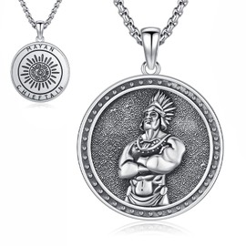 Thanches Round Native American Indian Tribal Chief Necklace Pendant for Men Women, S925 Sterling Silver Mayan Chieftain Retro Tribal Chief Head Pendant Necklace Vintage Jewelry Gift