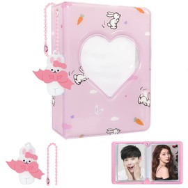 KeCool Kpop Photocard Holder 3 Inch Photocard Binder, Mini Photo Album Kpop Photocard Binder, Love Heart Hollow Kpop Photocard Album Kpop Binder Collect Album with Lovely Pendant (40 Pockets, Pink)