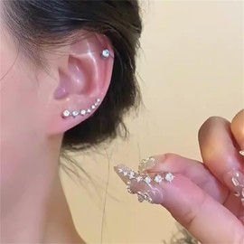 Cubic Zirconia Crawler Earrings for Women Glitter Cartilage Beaded Seven 7 Star Sparkly Crystal Rhinestone Gold Silver Plated Climber Cuff Earrings for Wedding Birthday Valentine Fashion Jewelry Gifts (Silver)