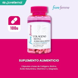 FIORE FEMME Colágeno, Biotina y Ácido Hialurónico, 100 Cápsulas, Suplemento Antiedad para Mujeres, Fortalece Huesos, Piel, Cabello y Uñas