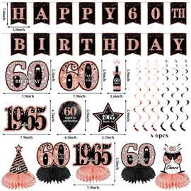 Zirtorei 60th Birthday Decorations for Women, 21pcs Vintage 1965 Banner Party Supplies, Rose Gold 60 Year Old Birthday Backdrop, 60 Birthday Honeycomb Centerpiece Hanging Swirls Balloon Sash Gifts