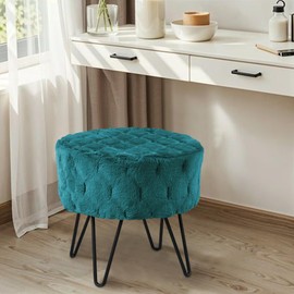 Home Soft Things Jacquard Solid Faux Fur Round Ottoman, 18" x 18" x 18", Dark Teal, Comfy Fuzzy Ottoman Makeup Stool for Bedroom Living Room Foot Rest Chair Home Decor