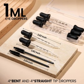 Teenitor 10pcs Eye Dropper 8pcs Glass Pipettes Dropper and 2pcs Cleaning Tool, Droppers for Oils Bent and Straight Tips, 1ml Dropper for Liquid Essential Oils, Ear, Eye, Craft, Measuring