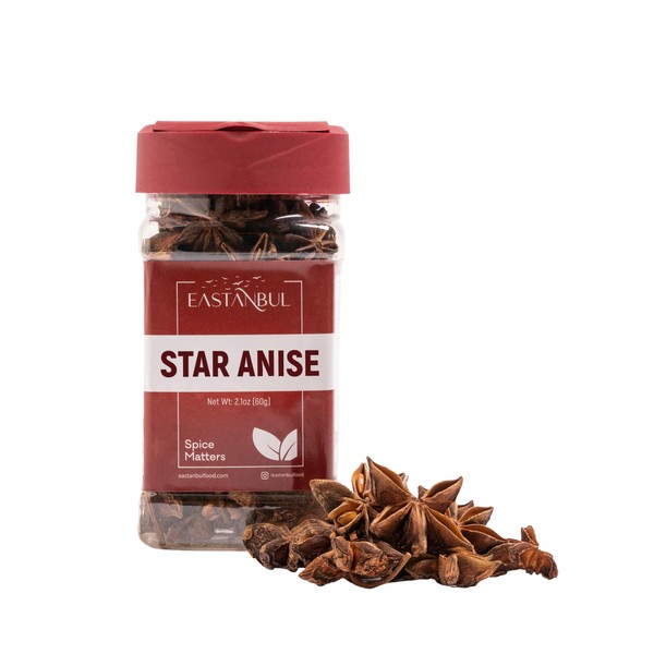 Eastanbul Star Anise Whole 2.1oz Natural Anise Tea Star Seeds, Anise Star Form for Chai, Anise Stars Whole for Potpouires & Craft Sachets, Whole Anise Star, Star Anise Pods for Pho, Baked Goods