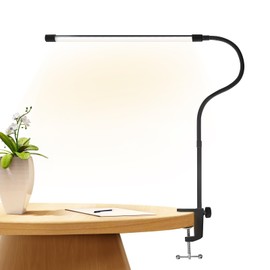 HYPOWELL Desk Light, LED Desk Lamp, Arm Light, Tabletop, Clip Light, Reading Light, Stepless Dimming for Eyes, 3 Levels of Toning, Flat Lighting, 360° Rotating Arm, Black, Energy Saving, Study Desk, Light, Bright, Booklight (Black)