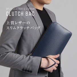 Mura Clutch Bag, Men's, Genuine Leather, Cordovan Style, L-Shaped Zipper, Carbon Leather, carbon/navy