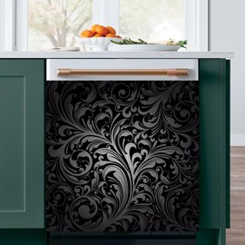 Black Magnetic Decal,Grey Dishwasher Cover Magnet Decorative,Wave Floral Texture Dishwasher Decal for Front Door,Fridge Magnet Decor,Home Appliances Cabinet Cover Sticker, 23" Wx26 H