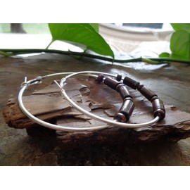 ★ 6 cm large brown ethnic boho wooden hoop earrings ★ Earrings in dark brown and silver