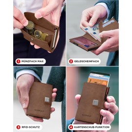 SF SCOFIELD Trinity Slim Wallet with Coin Compartment, Premium Credit Card Holder for 10-12 Cards, RFID Protection, Wallets for Men, Smart Wallet, Vintage Brown - Caramel Brown, Münzfach Max, Modern