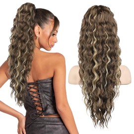 SEIKEA 24" Highlight Ponytail Extension Claw, PT002 Tia Long Multi Layered Fluffy Thick Wavy Jaw Clip in Fake Pony Tails Fake Hair Soft Natural Synthetic Hairpiece Light Brown/Light Blonde Highlights