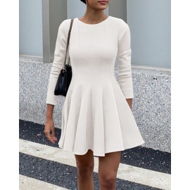 BTFBM Long Sleeve Dress for Women Fall 2025 High Waist Flowy Pleated A Line Party Wedding Guest Dresses Business Casual(White, Medium)