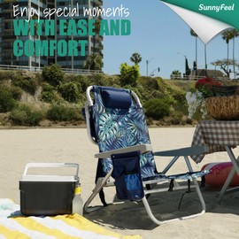 SUNNYFEEL Beach Chairs for Adults 2 Pack 5 Position Lay Flat, Portable Folding Backpack Beach Chair Heavy Duty with Cooler Bag, Cup Holder for Outdoor/Lawn/Picnic/Sand, Foldable Camping Chair