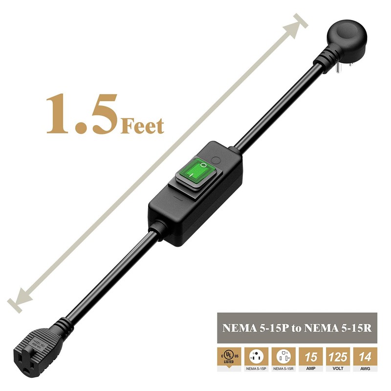 1.5Feet 90Degree Waterproof Extension Power Cord, in-Line On-Off Switch Extension
