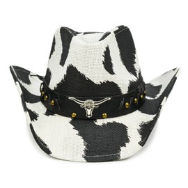 FLUFFY SENSE. Cow Print Cowboy Hat for Women Funny Cowgirl Hat - Straw Western Hats for Women with Shapeable Brim Country Concert Outfits Bachelorette Party Hat (US, Alpha, Large, Black Cow Print)