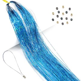 Turquoise Blue Hair Tinsel Kit Strands, Fairy Hair tinsel kit in Teal Hair Extensions with beads and loop tool (Turquoise Blue)