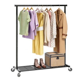 Ekisemio Clothes Rack for Hanging Clothes, 64.25 Inch Clothing Racks with Wheels, Portable Rolling Clothes Garment Rack for Bedroom, Laundry, Living Room, Black