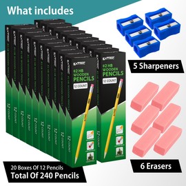 EXTRIC Wood-cased HB #2 Pencils, Pre-Sharpened, 20 Packs of 12-Count yellow Pencils, Bulk Pack 240 Count, for Classroom, Teacher Supplies