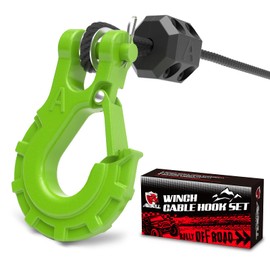 AMBULL 3/8" Winch Hook & Winch Cable Hook Stopper Sets, Heavy Duty Grade 70 Forged Steel Recovery Hook with Safety Latch, Included Allen Wrench,Max 37,478 Lbs, Green