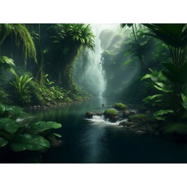 Jungle Aquarium Background Stream River Foggy Rainforest Terrarium Background Waterfall with Lush Green Jungle Plants Fish Tank Background Tranquil Natural Jungle Forest Aquarium Backdrop 24x12in