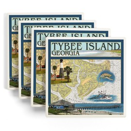 Tybee Island, Georgia, Nautical Chart (Absorbent Ceramic Coasters Set of 4 Matching Images, Cork Back, Kitchen Table Decor)