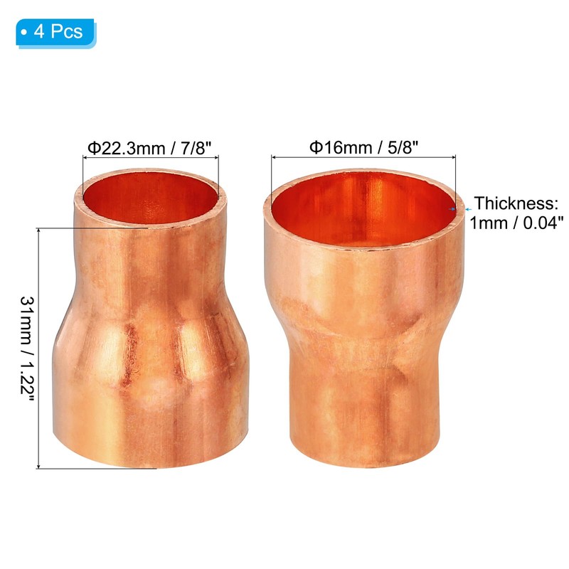 PATIKIL 7/8" to 5/8" ID Copper Reducer, 4pcs 99.9% Pure