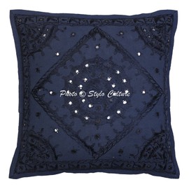 Stylo Culture Cotton Indian Living Room Cushion Cover Dark Blue Navy 40 x 40cm Mirrored Scatter Cushion For Couch Embroidered Home Decoration 16 x 16 Inches Throw Pillow Soft (1 Pc)