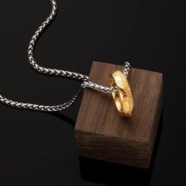 Tckyi Engraved Titanium Steel Gold Ring Pendant Necklace with Wheat Silver Chain for Men Women