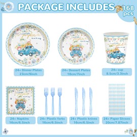 168PCS Blue Pumpkin Baby Shower Party Supllies for Boys Floral Birthday Party Decorations Thanksgiving Tableware Plates Cups Napkins Cups Forks Knives and Straws Dinnerware for 24 Guests