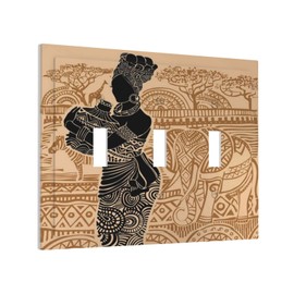 African Woman 3 Gang Triple Wall Plate Zebra Elephants Decorative Electrical Facplate Black Girl Light Switch Cover Receptacle for Bathroom Kitchen Home