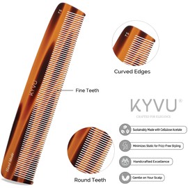 KYVU Handmade Cellulose Acetate Comb T5, 22.3 cm, FINE Teeth, Tortoiseshell Colour, Hair Styling for Men & Women