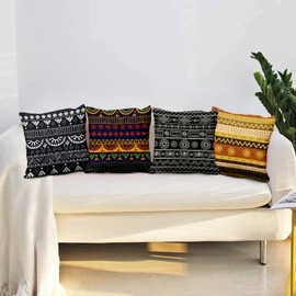 Aoihrraan 60 x 60 cm, Set of 4 Decorative Boho Style Cushion Covers, Black, Yellow, Indian Decor, Vintage Pattern, Soft Plush Square Cushion Cover, Living Room, Farmhouse, Outdoor, Patio, Garden, Sofa