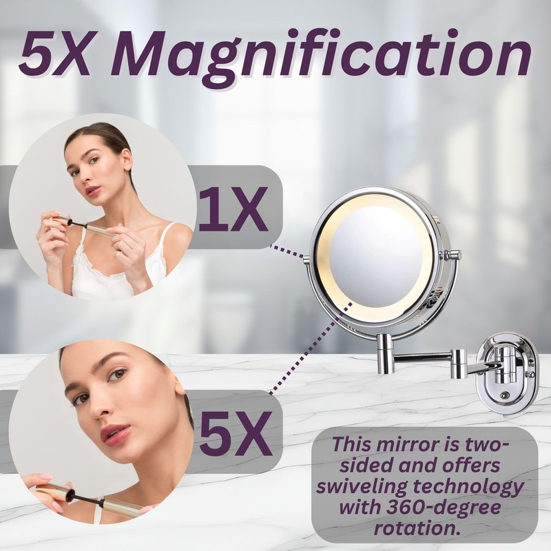 JERDON Wall-Mounted Makeup Mirror with 5X Magnification - Chrome Makeup