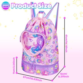 Swimming Bag for Kids, Gym Drawstring Backpack for Girls Boys - Waterproof Beach Bags with Shoes Compartment and Wet Proof Pocket for Swimming Pool Beach Travel School (Unicorn)