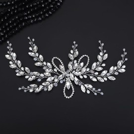 Teyglen Bride Crystal Wedding Hair Vine Silver Rhinestone Hair Piece Bridal Crystal and Pearl Beads Headdband Boho Headpiece Hair Accessories for Women Girls (Silver)