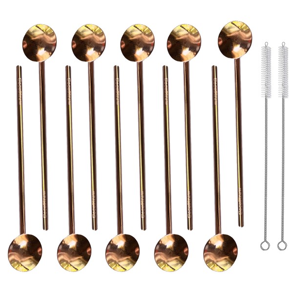 10 Spoon Straws Rose Gold Stirrer Stainless Steel 10 Pack + 2 Cleaning Brush Metal Reuseable Drinking Mixing Cocktail Eco Friendly Green
