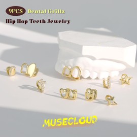 MUSECLOUD 9Pcs 18K Gold Plated Grillz Teeth Caps for Women Men Fake Tooth Cap Grill Dental Jewelry Kit for Teeth Mouth Hip Hop Vampire Halloween Party Single Grillz with Molding Bars Star Fang Heart