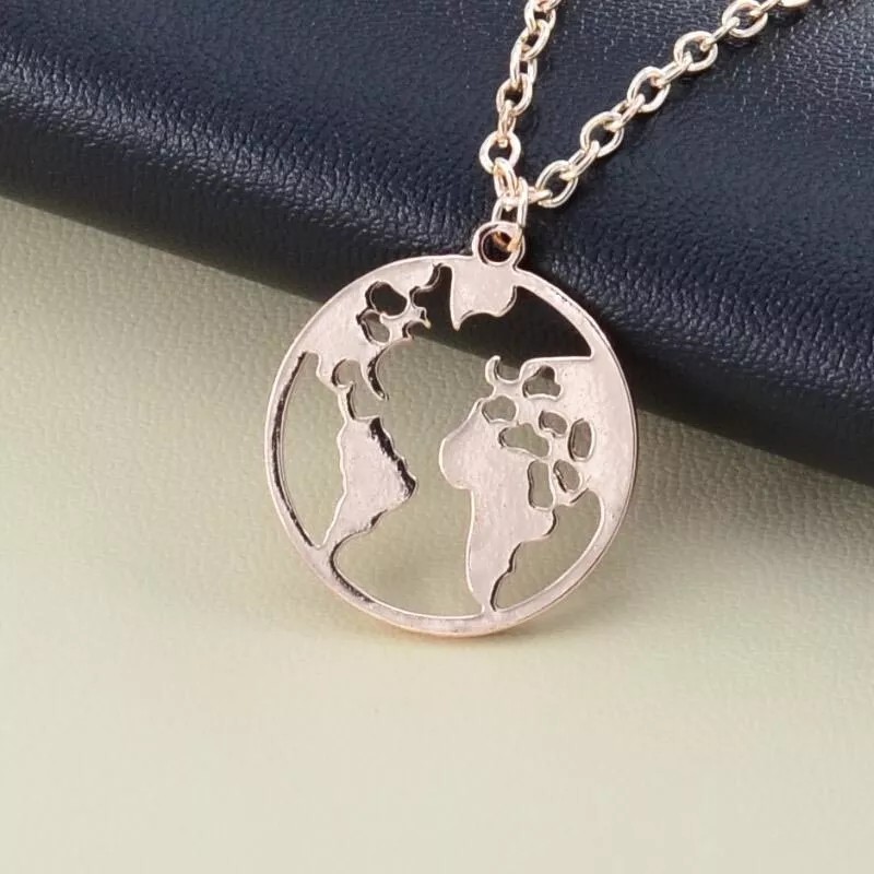 Deluxe Collar Dije Mapa Mundi Dorado Plata Y Oro Rosa