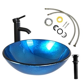 Round Glass Vessel Sink, 16.5 inch Bathroom Countertop Bowl with Oil Rubbed Bronze Faucet, Pop-Up Drain, Installation Kit (blue)