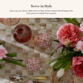 MACKENZIE-CHILDS Teapot Salt and Pepper Shaker Set, Ceramic Salt and Pepper Holders, Pink-and-White Rosy Check