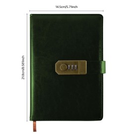Qefuna Diary with Lock, A5 PU Leather Diary with Code, 200 Pages, 100 gsm Paper, Vintage Reading Journal Diary with Lock for Women and Men, (Green)